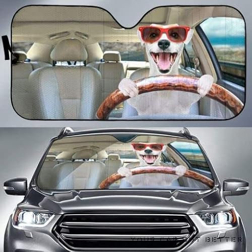 Parasol para Coche Delantero Gracioso Jack Russell Terrier con Gafas De Sol Conduciendo En Verano Parasol para Parabrisa Portátil Parabrisas Protector para Furgonetas Coches SUV
