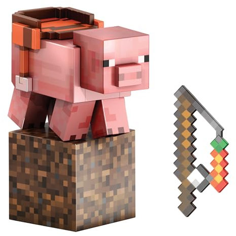 Mattel Minecraft Serie de Diamante Figura de acción de cerdo con 4 accesorios, diseño pixelado con un tamaño de edición coleccionista de 14 cm, HTM04