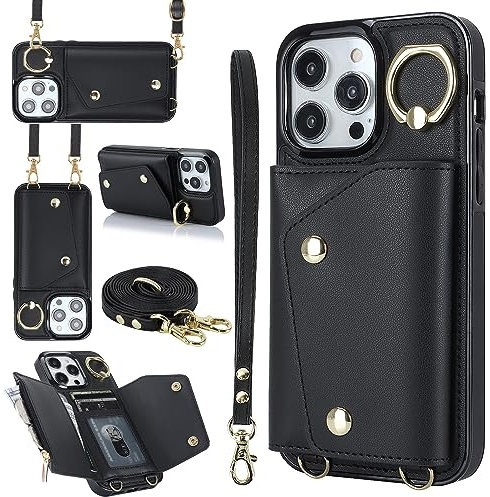 PRIVHOM Crossbody Case for iPhone 14 Plus Cover, Leather Crossbody Wallet Phone Case with Adjustable Removable Lanyard Strap,Cord Lanyard Shockproof Protective Case Black