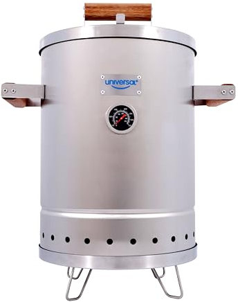 Universal Edelstahl-Holzkohle-Smoker mit Thermometer und Airlock-System, 2-in-1 vertikaler Smoker & Grill, Silber, 41,9 x 53,8 x Ø 29,5 cm