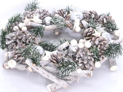 Dekokranz Talvi Kranz aus Holz dekoriert - für Tisch, Tür, Wand – winterliche & skandinavische Deko für Weihnachten, Advent, Zuhause – Holzkranz - Weiss/Grau - Ø 30 cm