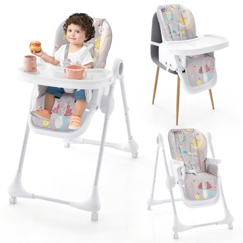 COSTWAY 3 in 1 Babyhochstuhl umwandelbar, klappbarer Hochstuhl mit Liegefunktion, 7-stufiger Höhen, verstellbarer Fußstütze & Rückenlehne, Kinderstuhl tragbar mit Rollen für 6-36 Monaten (Grau)
