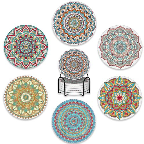 Lot de 6 dessous de verre avec support, motif mandala bohème en céramique absorbant avec base en liège, s'adapte à toutes les tasses, tapis de protection de table pour tasses et tasses, bureau,