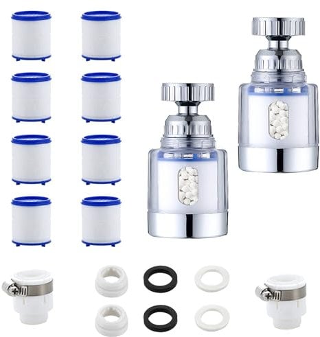 Fhioevt 2 Stück Wasserhahn Filter 360° Duschfilter Wasserfilter Wasserhahn mit 8 PP-Baumwollfilterelement Kalkfilter Wasserhahn Entkalker Aufsatz Filter für Wasserhahn Bad, Küche