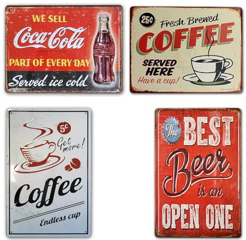Placas Metálicas Vintage [ Carteles Metálicos para Cafeteria, Bar, Cocina, Salón Restaurante .. ] Set de 4 Chapas Vintage para Decoración Retro Coca Cola, Hamburguesa, Café | Medidas | 20 x 30 cm.