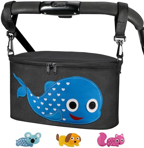 Bello it Borsa per Passeggino o Carrozzina, Borsa porta oggetti universale, Design animali colorati, Leggera e Capiente con ganci e tracolla inclusi Tema: (Balena) colore : Nero