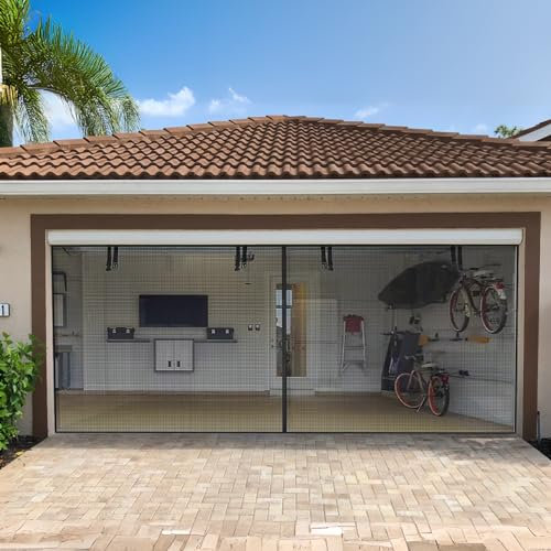 BiirBlue Moustiquaire magnétique pour porte de garage de 4,8 x 2,1 m, 2 voitures – Maille en fibre de verre très résistante – Mains libres – Avec 38 aimants – Pour garage, terrasse, salle de sport,