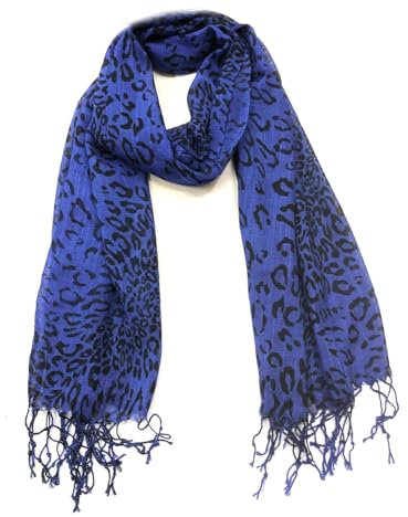 Generisch Damen Stola Schal Halstuch Tuch Langschal Fransen Lang schal mit Leo Leopard Muster Accessoires (A Blau)