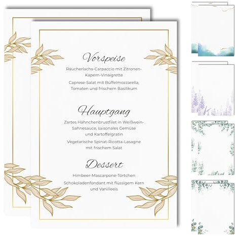 15 Blanko Menükarten für Speisekarten und Getränkekarten für die Hochzeit, Geburtstag, Konfirmation (Goldblätter)