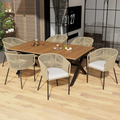 PUGSDRLY Salon de jardin 7 pièces (6 fauteuils, 1 table), meubles de terrasse en corde, salon de balcon avec table en bois d'acacia et coussins d'assise, HW24012AAA