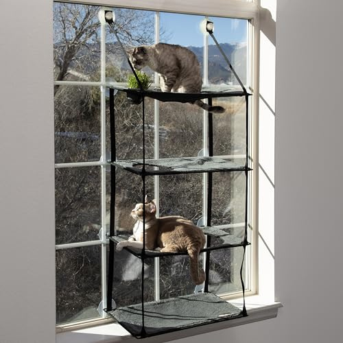 K&H Pet Products EZ Mount Katzen-Fensterstange mit 4 Ebenen, Katzengras, Wachstumsstation, Quad-Stapel, Turm-Hängematte, Fensterbett für den Innenbereich, selbstgewachsenes Gras, Katzenspielzeug für