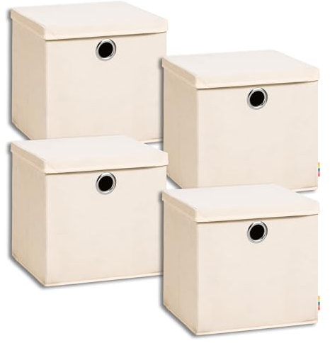 Storanda | 4er Set Aufbewahrungsbox 34x34x33 cm mit Deckel | Extra Große Griffe | Stabil & Faltbar | Regalbox für Würfelregal | Ideal für Zuhause & Kinderzimmer | Natur