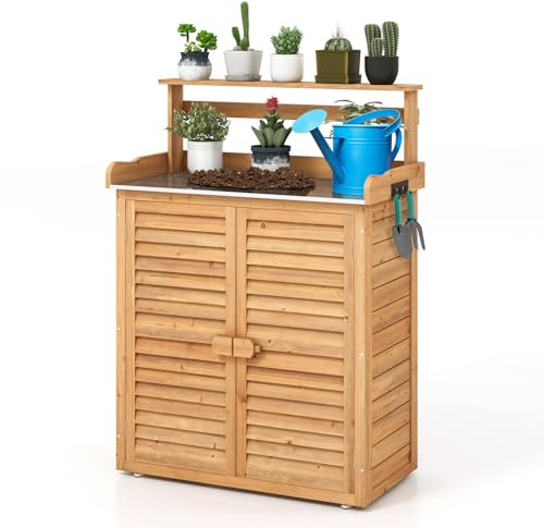 GYMAX Tavolo da Giardinaggio, Armadietto in Legno di Abete con Piano in Metallo Zincato, Ripiani Rimovibili e 3 Ganci Laterali, Tavolo da Lavoro a Doppia Porta per Giardino Patio Cortile, Naturale
