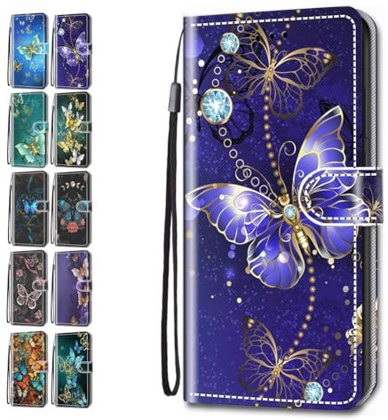 KM-Panda Flip Case for iPhone 7 Plus, Big Blue Butterfly Pattern, PU Leather & TPU, Kickstand & Card Slot