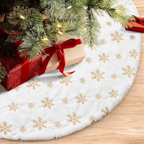 Jupe de Sapin de Noël en Peluche Blanche - Grande Couvre-Pied Flocon de Neige Doré - Fausse Fourrure Tapis pour Arbre de Noël