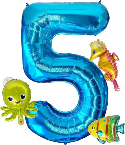 4Pcs Meerestiere Ballons,40 Inch Luftballon 5 Geburtstag,Ballon 5 Geburtstag Junge,Meerestiere Folienballon,Ozean Deko Geburtstag,Geeignet für Kindergeburtstage, Ozean Themenpartys