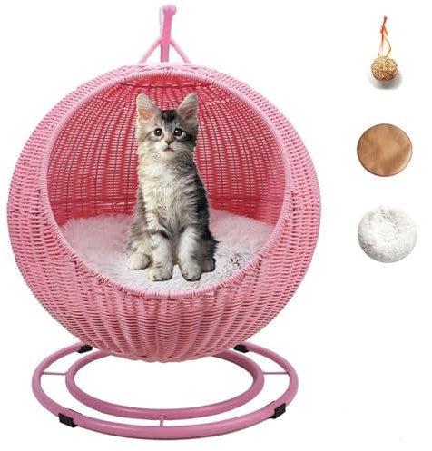 AFIONA Raised Wicker Cat Bed for Indoor Cats,Cat Basket Bed with Soft Cushion & Cat Egg Chair Shape,Cat Cave Bed Cat Swing Bed Cat, for Small Dog Cat(Roze)