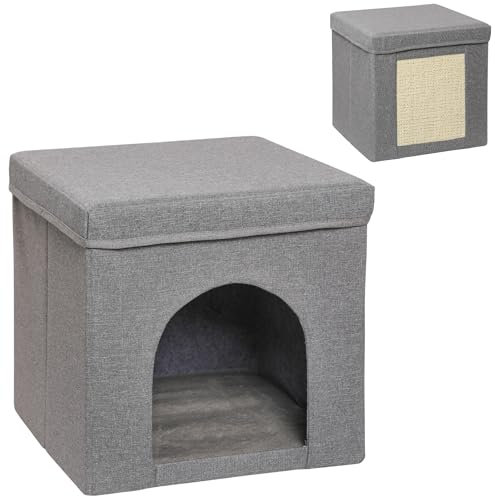 PawHut Casa para Gatos con Tablero de Rascar y Puerta para Interior - Cama Casita 36,5x36,5x36,5 cm Gris