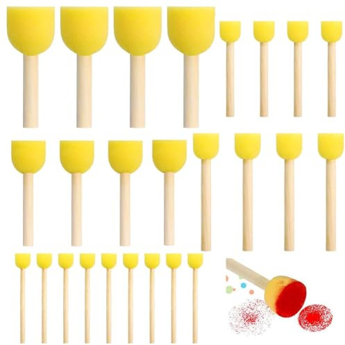 25pcs Brosse à Mousse, Brosse à Peinture éponge Manche en Bois, Brosse éponge Pigment Mousse, éponge Pigment Rond, Brosse à Mousse Manche en Bois, 5 Tailles