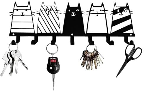 Lvjkes Porte clef mural, Accroche clef mural, Porte-clés mural multifonctionnel noir, Porte clés mural en métal, Avec 7 crochets à clés,Convient aux chambres, entrées, garages (Chat)