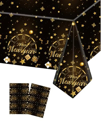 2 Stück Tischtuch Neujahr, Einwegtischdecken aus Plastik, Tischdecke Silvester Deko, Einweg-Tischdecke Schwarz-Gold, Tischdekorationen für die Silvesterparty