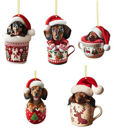 5 adornos de Navidad para colgar en el coche, diseño de perro salchicha, decoración para coche, árbol de Navidad 2024, adornos colgantes de perro, lindas figuras, colgantes, decoración de Navidad