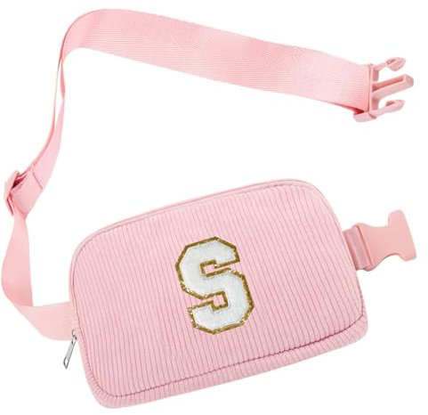 Personalisierte Initialen Bauchtasche, Cord-Crossbody Bag Damen Rosa Brustbeutel Gürteltasche Umhängetasche, Schultertasche Brusttaschen für Reise Fahren Wandern, Geburtstag Geschenk für Mädchen(S)