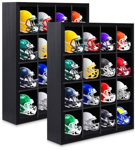 Colingmill 2 Pack Mini Helmet Display Case Football Baseball Helmets Wooden Stand Display Cabinet Racks, 11.5x10.4x2.4, 4x4 Grid, Black