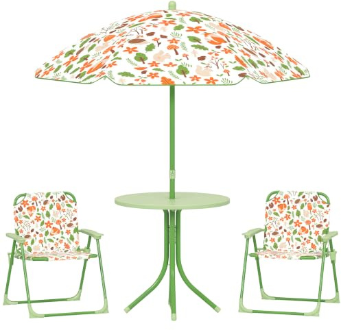 AIYAPLAY Conjunto de Mesa y Sillas Infantil de Jardín de 4 Piezas Verde | Mesa Infantil, Sillas Plegables Infantil, Sombrilla Ajustable, Diseño de Zorro, Patio Pícnic