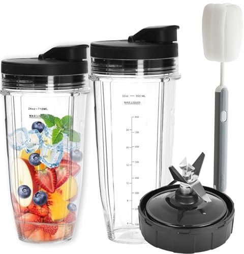Para Nutri Ninja Batidora Accesorios Vasos, 2 unidades (32oz+24oz) Cups Vaso De Repuesto Con 7 Aletas Blender Blade para Nutri Ninja Batidora BL480/BL490/BL640/BL682/NN102/BL2012/CT641
