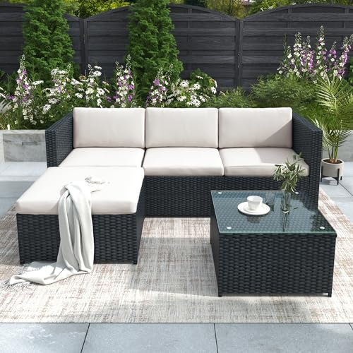 Kehun Gartenmöbel Sets Balkonmöbel, Poly Rattan Gartenmöbel Lounge Sofa Outdoor Set, Garten Lounge Ecksofa, Outdoor 3-4 Personen Lounge Sofa Set, Balkonmöbel mit Rückenlehne und Glastisch (Schwarz)