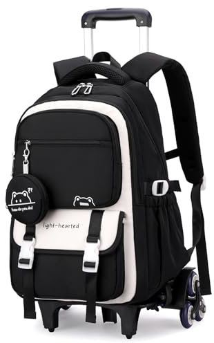 Tanou Zaino Scuola Trolley Sganciabile, Zaini Scuola Elementare e Media da 30 Litri con Ruote, Zaino da Viaggio Casual per Ragazza Adolescente, Nero