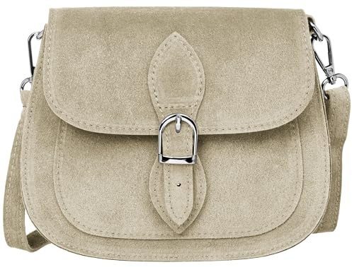 Caspar Leder Umhängetasche Dirndltasche Vintage Tasche kleine Trachtentasche Damen Handtasche aus Wildleder - CLASSIC LINE - Modell No.831 - Made in Italy, Farbe:hell beige