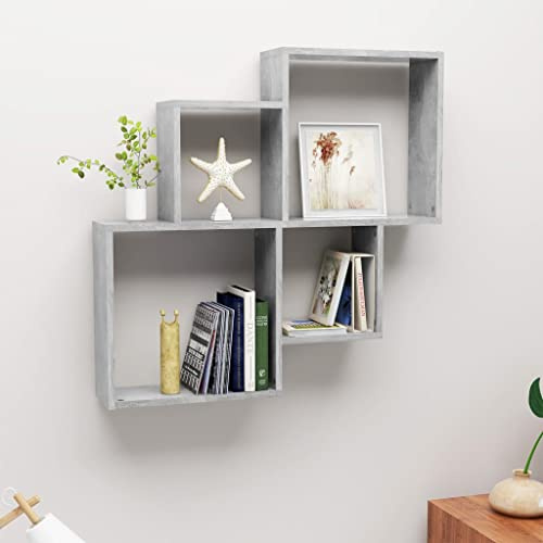 Owoxanthellate Wandregal Betongrau 80x15x78,5 cm Holzwerkstoff Moderner Kubus Wandschrank Offenes Bücherregal 40 kg Belastbarkeit Einfache Montage für Wohnzimmer Flur Schlafzimmer