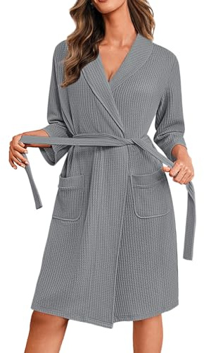 Ekouaer Womens Dressing Gown Waffle Lightweight Soft Robes | Knit Dressing Gowns with Pockets, Breathable Elegant Kimono, Casual Knee Length Loungewear