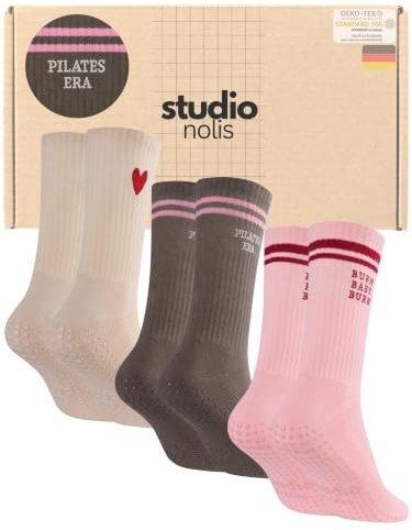 Studio Nolis Pilates Socken Grip 3er Set OekoTex100 Baumwolle Ruschfest | Crew Socks Stoppersocken Yoga Gym Reformer Barre Training Sport Sportsocken