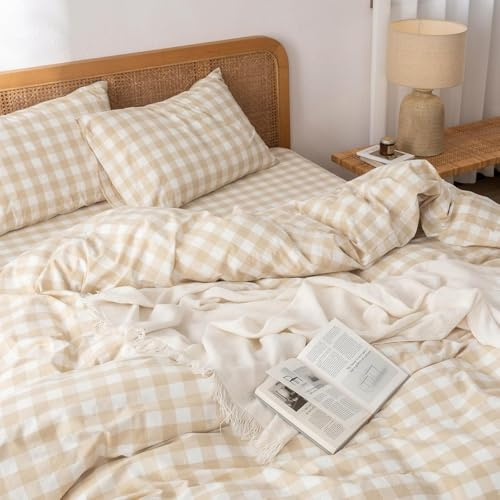 Freyamy Bettwäsche 155x220 Kariert Beige Weiß Karo Bettwäsche-Sets Gitter Mädchen Bettwäsche Aesthetic Microfaser ÖKO-TEX Deckenbezug 1 Bettbezug mit Reißverschluss und 1 Kissenbezug 80x80cm