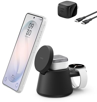 Belkin 3-in-1 Wireless Charging Station for Samsung, Android - Qi2.2 25W Magnetic Charger for Galaxy S26, Pixel 10, iPhone 17, USB C Port for Galaxy, Pixel, & Apple Watch (Watch Charger Not Included)