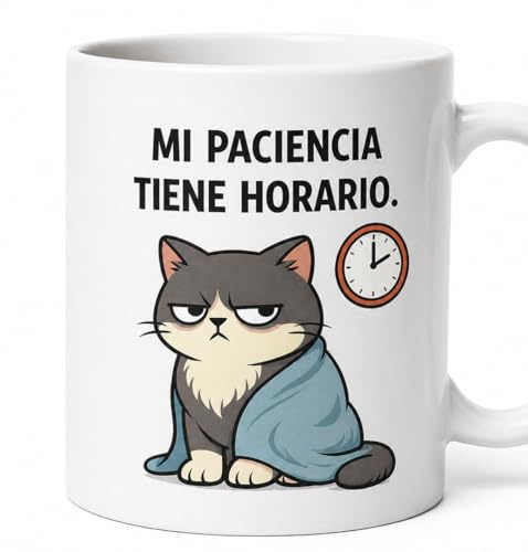 Genérico Taza Original con Frase Mi Paciencia Tiene Horario – Taza de Café con Gato Divertido, Regalo Gracioso para Trabajo, Oficina o Compañeros, Cerámica, 350 ml.