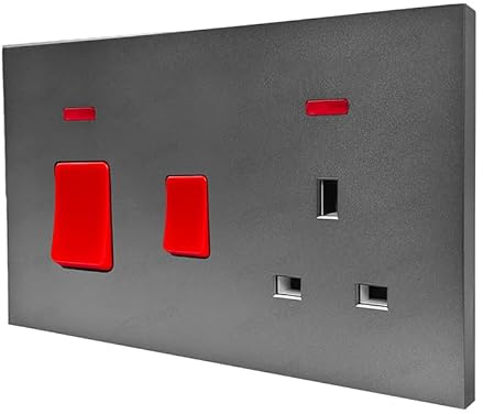 Matt Grey 45A Cooker Control Unit with 13A UK Switched Socket, 2-Gang Double Pole Wall Switch with Neon Indicator, BS Standard 250V for Kitchen Oven, Modern Slimline Grey Finish