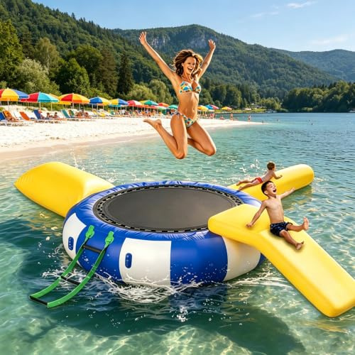 Inflatable Water Trampoline – Floating Bouncer with Slide Tube, Electric Air Pump & 3-Step Ladder – Portable Swim Platform for Kids & Adults – Lake, Pool, Water Sports