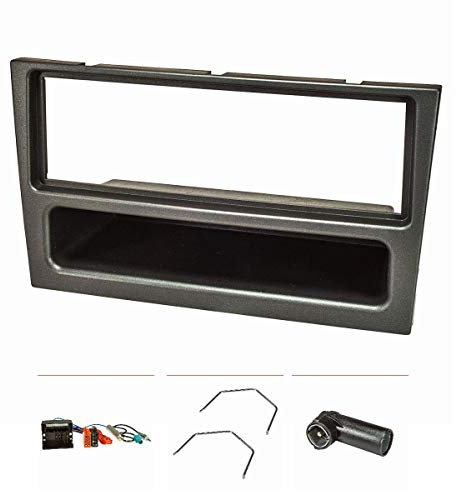 tomzz Audio 2439-068 Conjunto de panel de radio compatible con Opel Agila Corsa C Combo Omega B Vectra C Vivaro Meriva carbón metálico con Quadlock ISO Fakra adaptador de antena DIN soporte de desb...