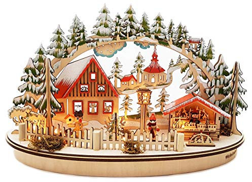 Wichtelstube-Kollektion LED Schwibbogen Oval Weihnachtsmarkt Schwippbogen Batteriebetrieben inkl. Timer Lichterbogen Weihnachten Echtholz