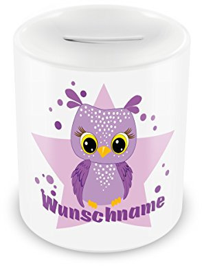 Samunshi® Kinder Spardose mit Namen und Lila Eule als Motiv für Kinder - Jungen und Mädchen Sparschwein weiß