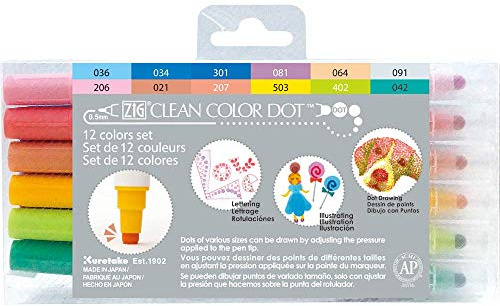 Kuretake ZIG Clean Color DOT 12 colors set, Dual tip, for journaling, Crafts, Illustration, Lettering 0.5mm fine tip on one end and a Flexible dot tip, AP-Certified, Made in Japan