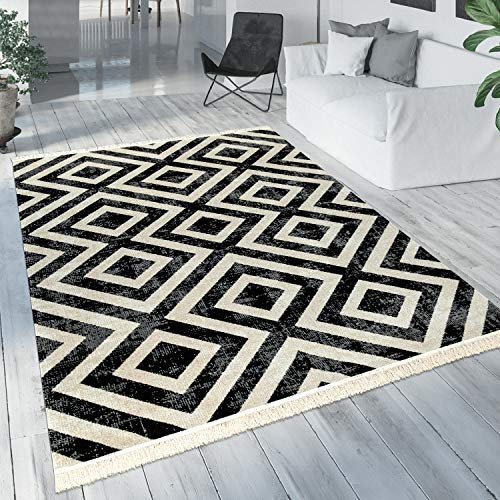 Paco Home Moderner Outdoor Teppich Geometrisches Rauten-Muster im Vintage-Look Flachgewebe Wetterfest & Pflegeleicht für Garten, Terrasse & Balkon, Schwarz Weiß, Grösse:120x170 cm
