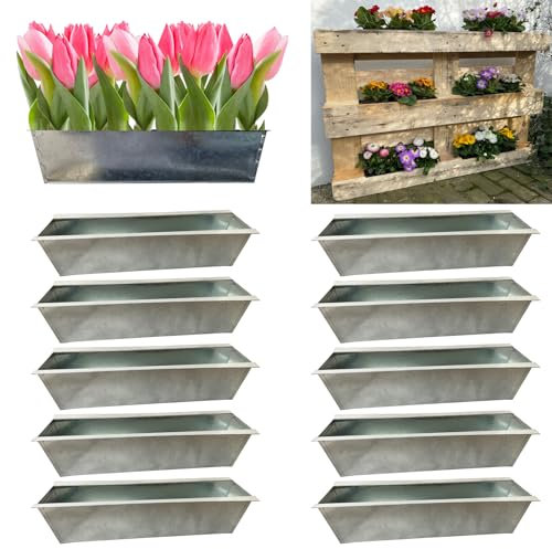 Hossi's Wholesale Juego de 10 jardineras de zinc – Inserto 38 cm grande plata – de metal galvanizado – Jardinera de zinc – Jardinera para balcón – Maceta para palés europeos