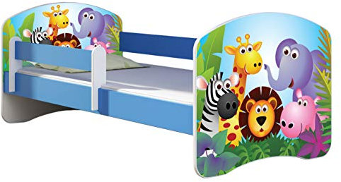 ACMA Kinderbett Jugendbett mit Einer Schublade und Matratze Blau mit Rausfallschutz Lattenrost II 140x70 160x80 180x80 (01 Zoo, 140x70)