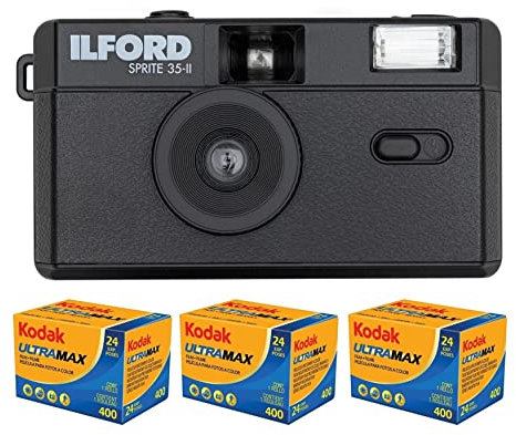 Ilford Sprite 35-II Reusable 35mm Film Camera (Black) with 3-Pack Kodak UltraMax 400 FIlm Analog Film Bundle (4 Items)