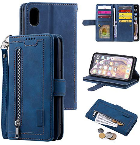 EYZUTAK Wallet Phone Case for iPhone XR, Retro Matte 9 Card Holder Slots Zipper Pocket Case PU Leather Magnetic Closure Kickstand with Wrist Strap Shockproof Folio Flip Case - Blue